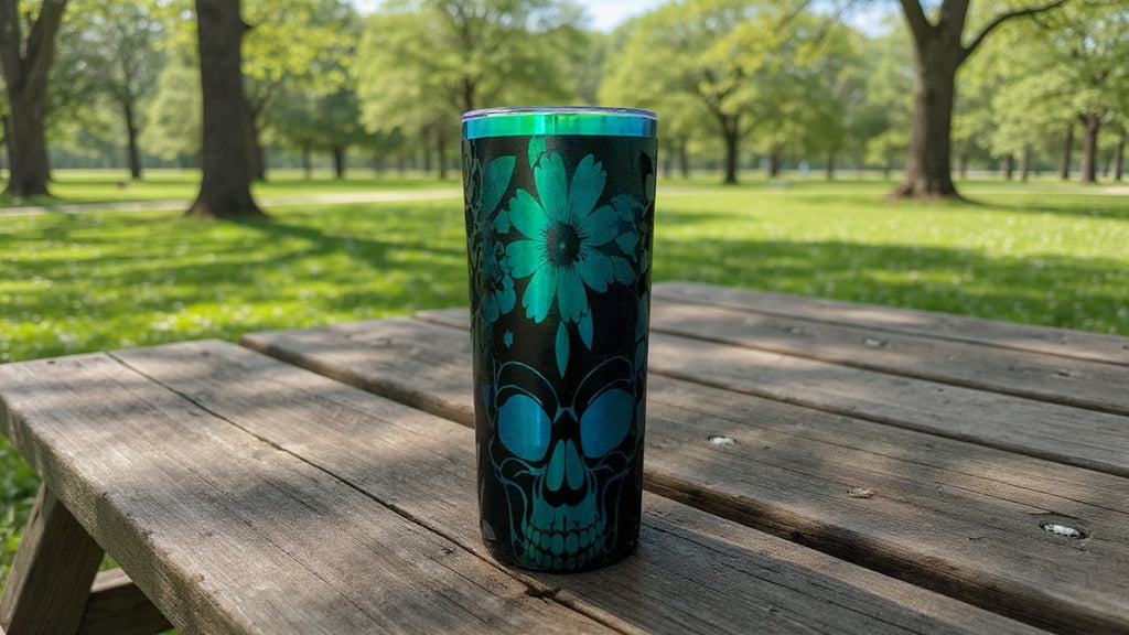 Skull & Flower Engraved Rainbow Color Changing Tumbler
